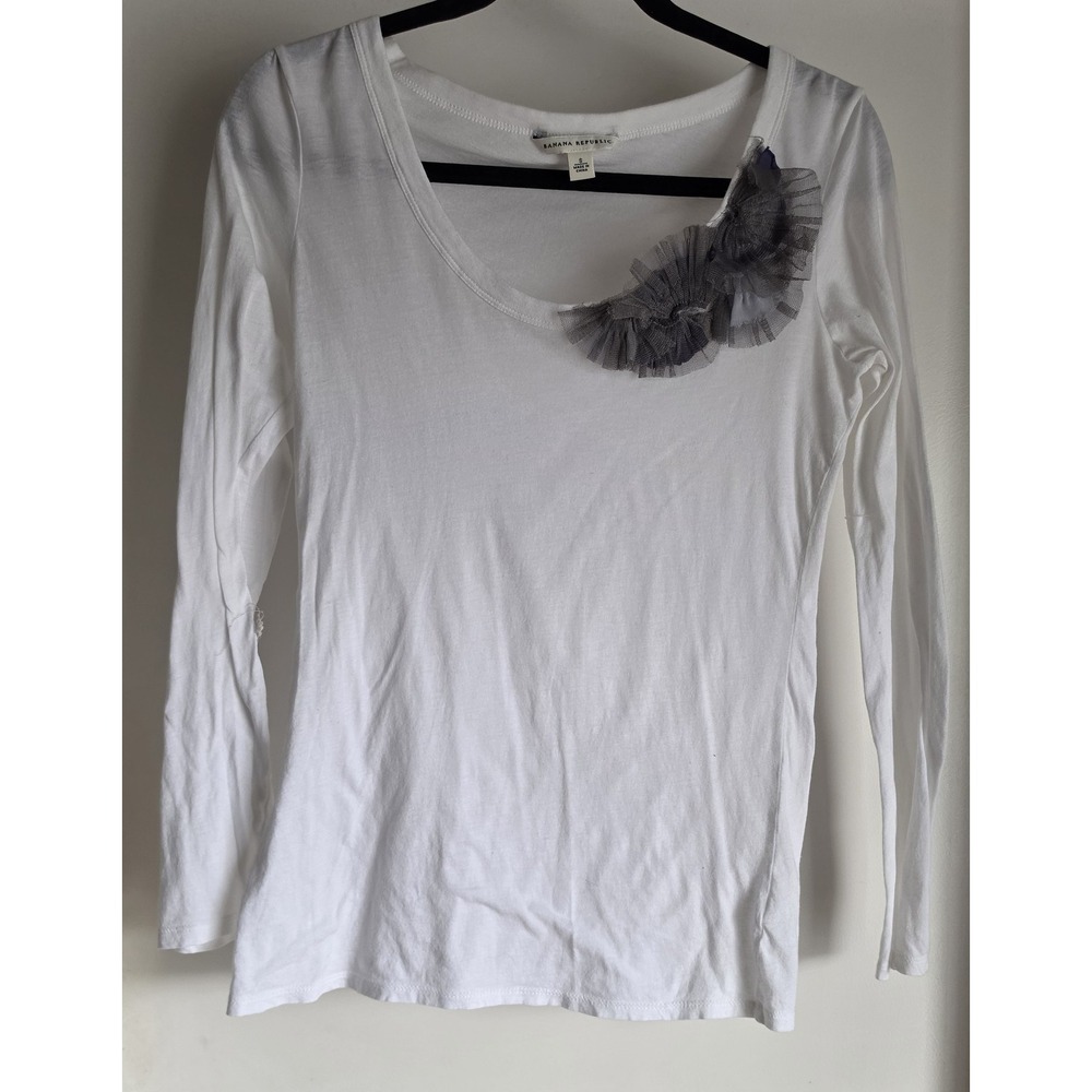 Banana Republic Women's Long Sleeve T-Shirt S White Cotton Top Tee Black Chiffon